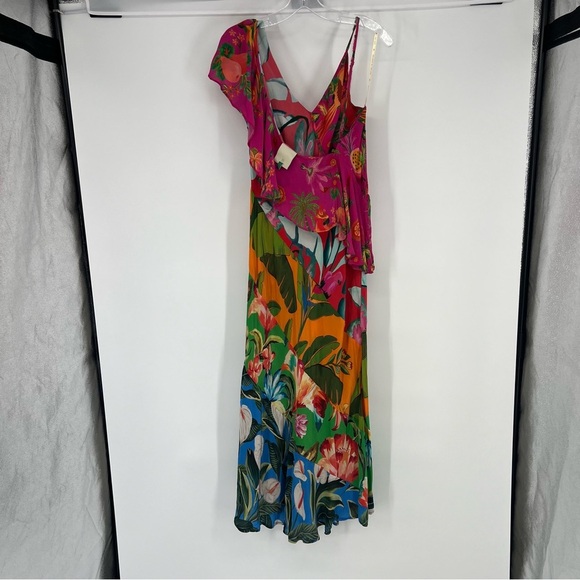 Farm Rio Flowery Ruffle One Strap Satin Asymmetrical Tropical Maxi Dress XL - Picture 5 of 9